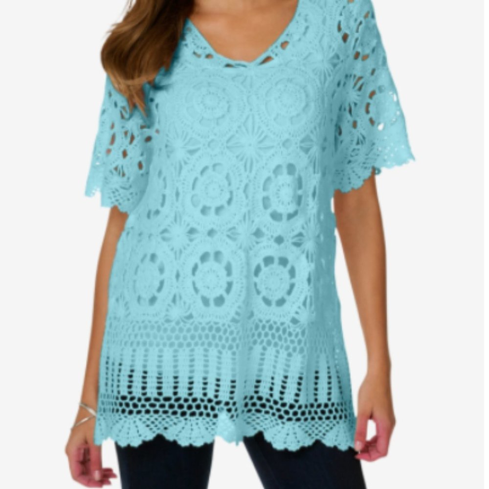 Crocheted sweater, tank, and skirt, light aqua, L